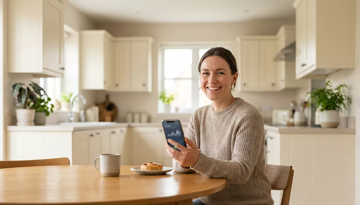 Person prueft entspannt den Sparplan am Smartphone im Alltag