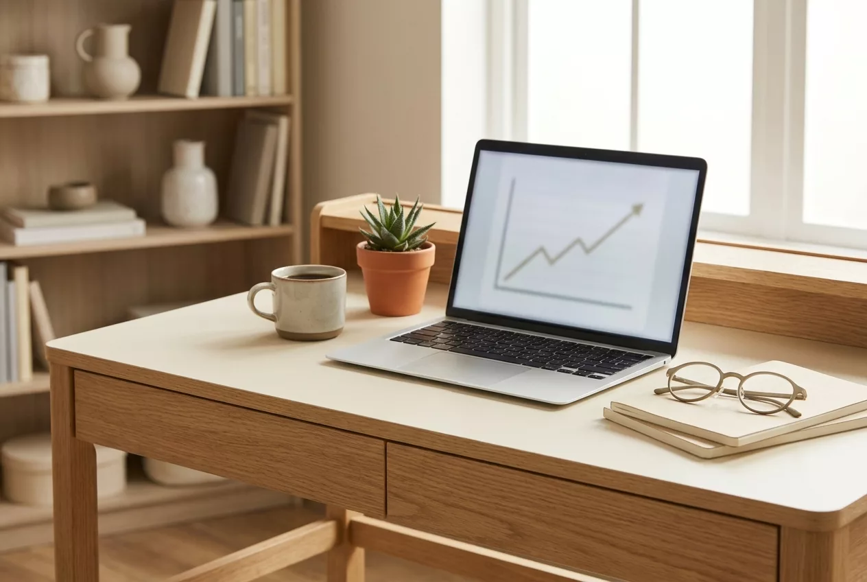 Laptop mit steigender Sparplan-Kurve auf ruhigem Schreibtisch