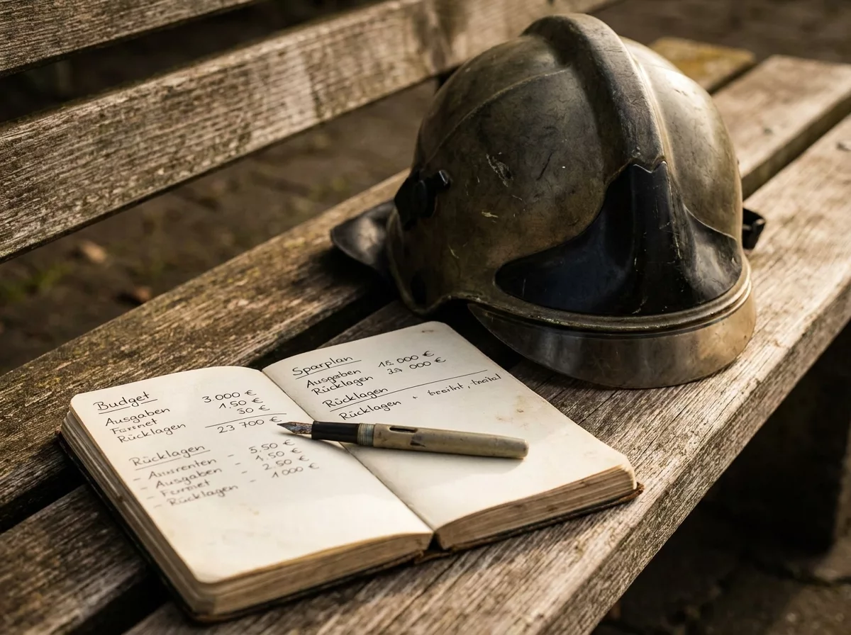 Feuerwehrhelm neben handschriftlichem Finanzplan - private Vorsorge nach dem Dienst