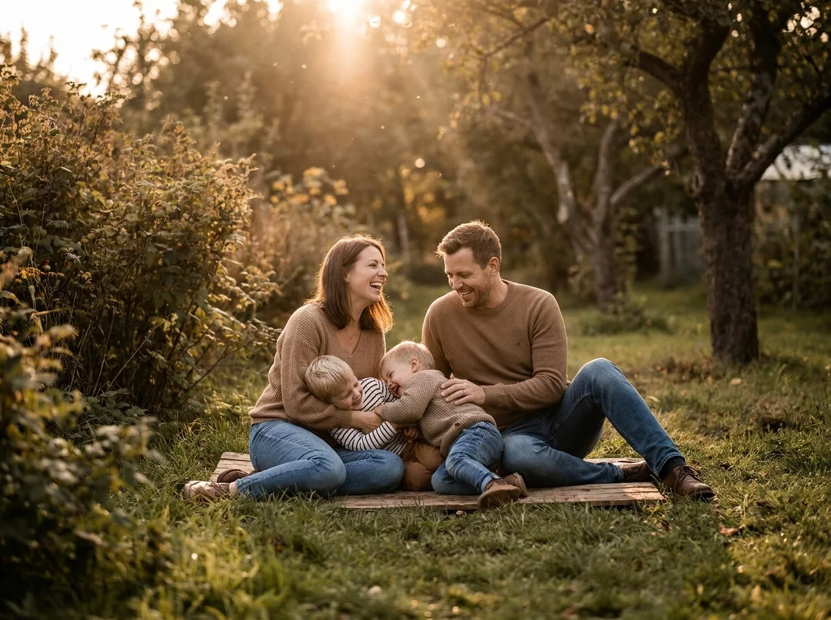 Familie im Garten im goldenen Abendlicht - Ruhe und Sicherheit