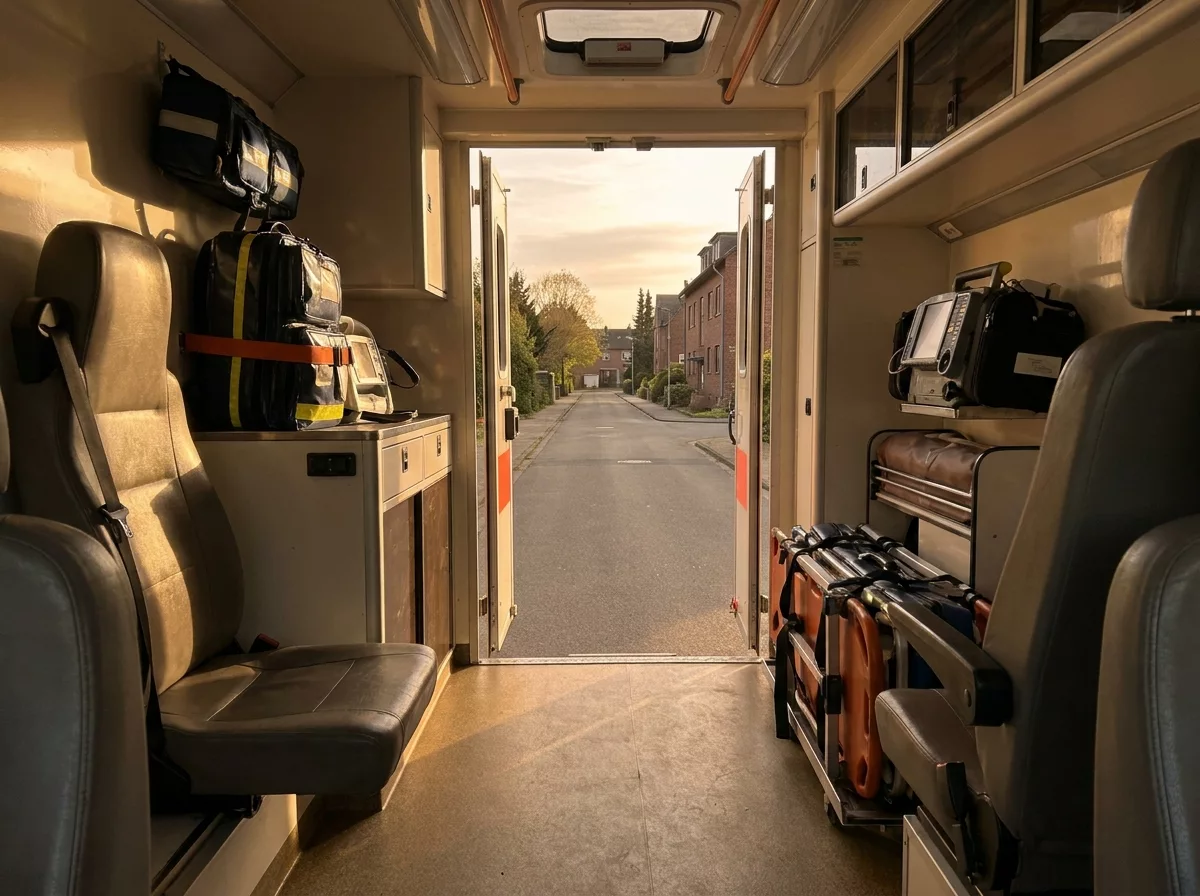 Aufgeraeumter Rettungswagen im Abendlicht - nach dem Dienst zaehlt die eigene Vorsorge