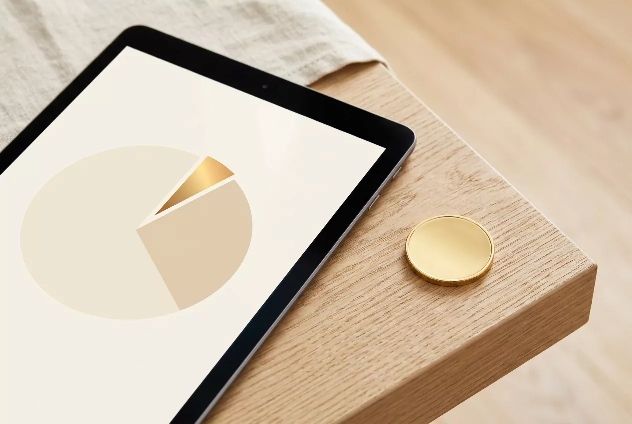 Tablet mit Portfolio-Ansicht und Goldmuenze – kleiner Rohstoff-Anteil im Depot