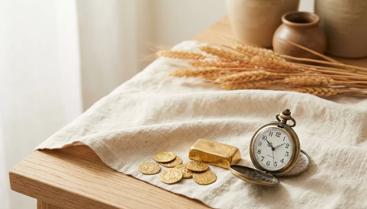 Goldmuenzen und Taschenuhr als Sinnbild fuer Gold als Krisenversicherung und Sachwert