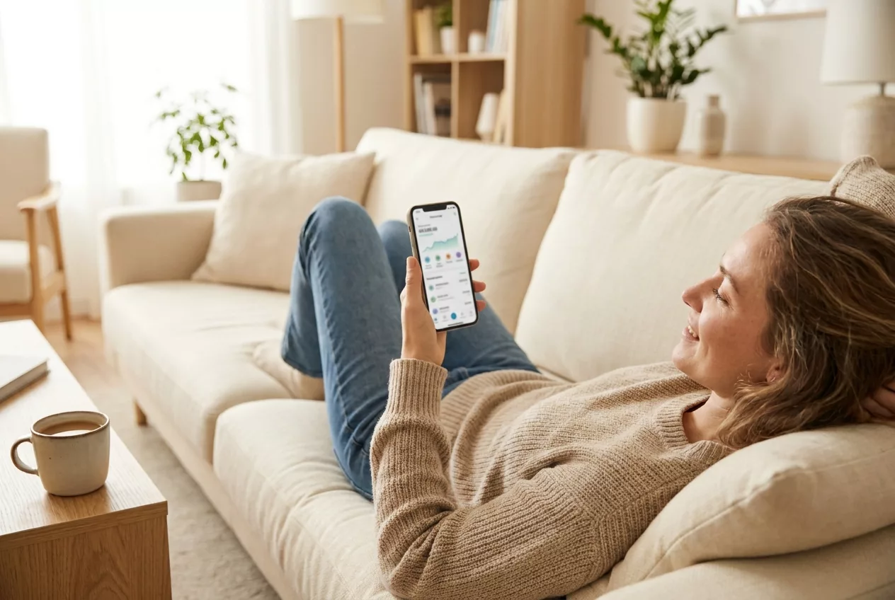 Person prueft entspannt den Sparplan am Smartphone zuhause