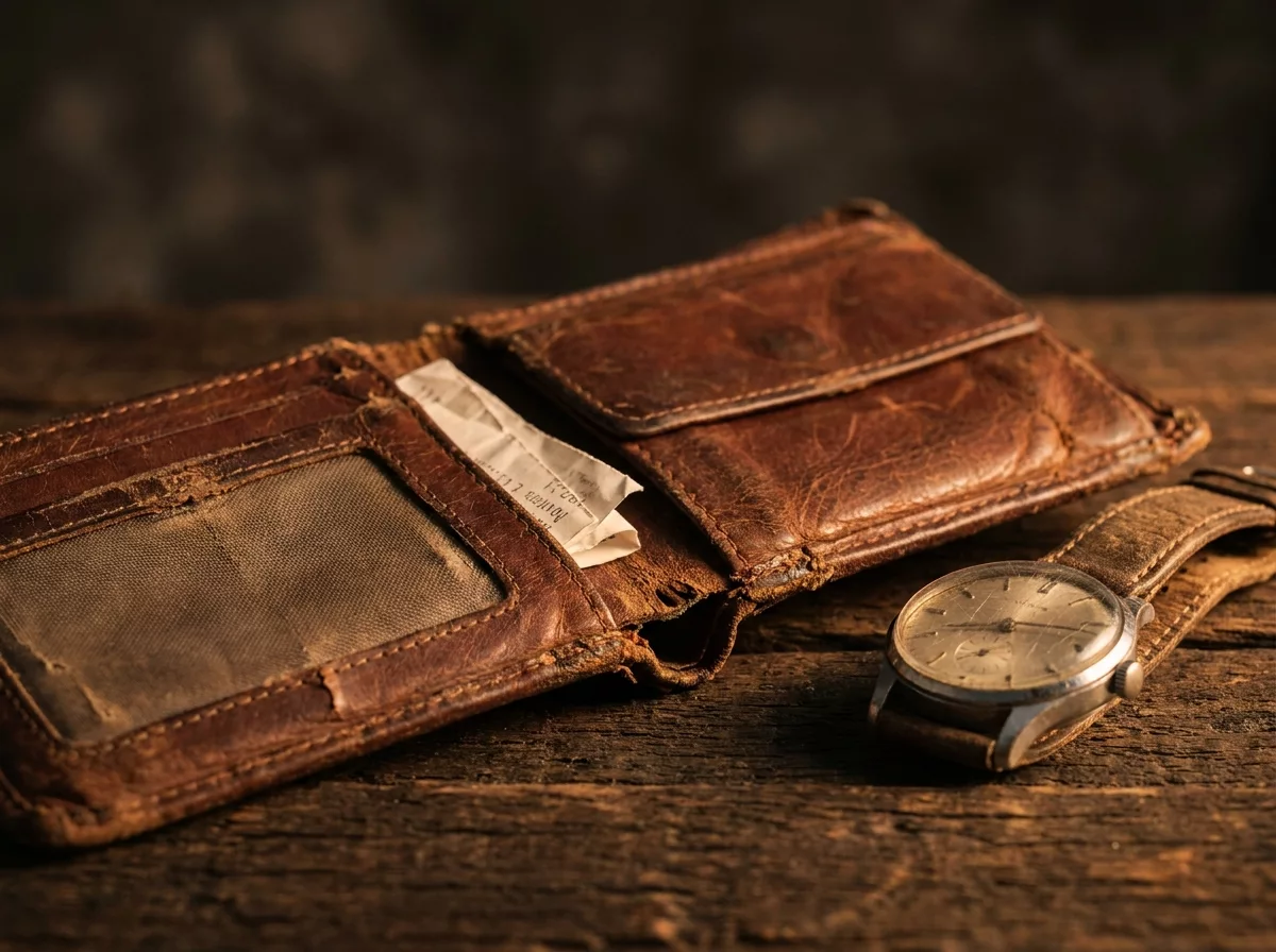 Abgegriffene Brieftasche und Armbanduhr auf dunklem Tisch als Sinnbild fuer viele Dienstjahre