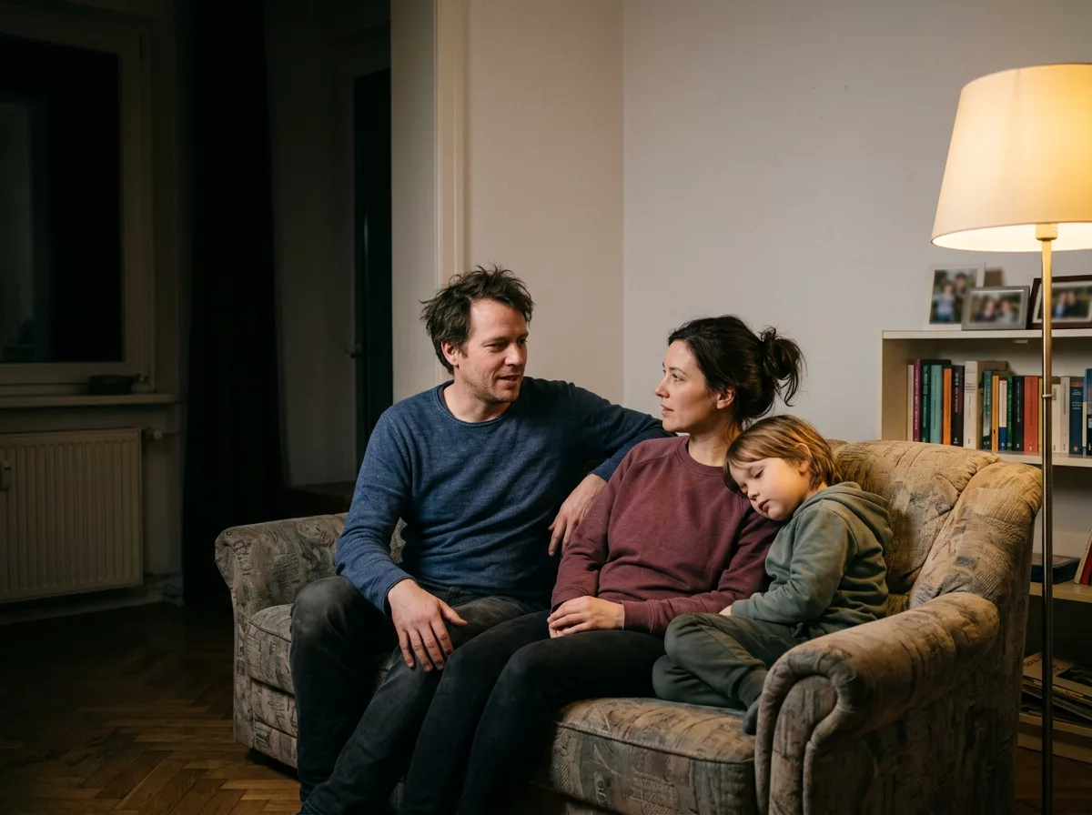 Familie am Abend auf dem Sofa – wer finanziell am Polizisten hängt