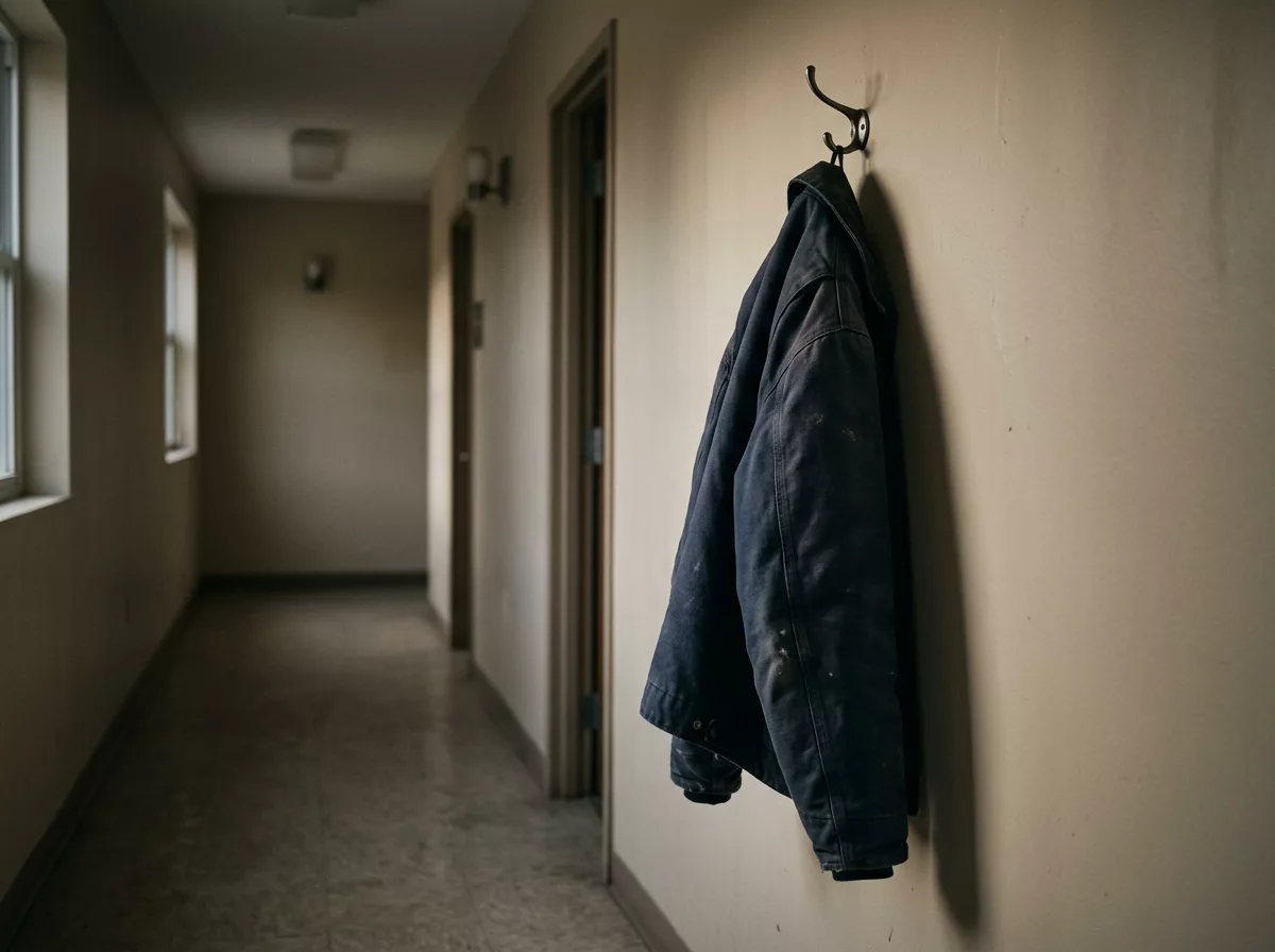 Arbeitsjacke haengt am Haken im Flur nach Dienstschluss