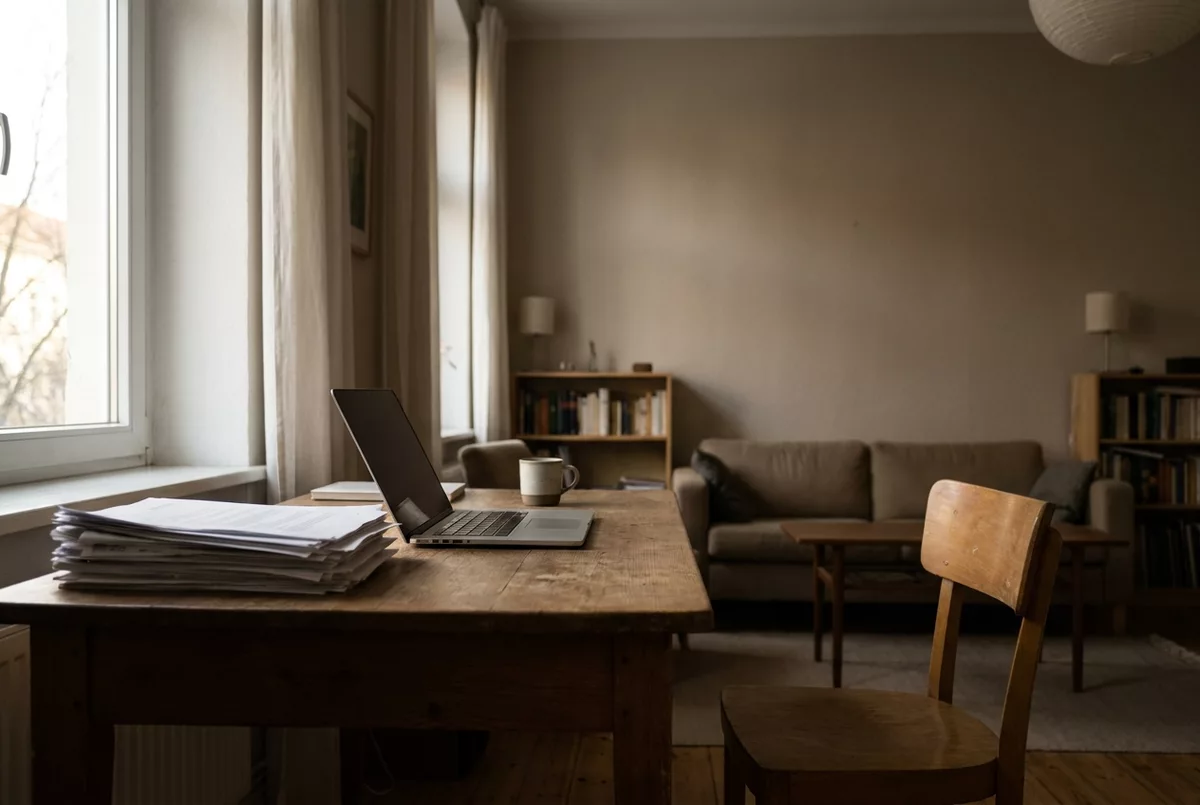 Kleiner Arbeitsplatz in der Ecke eines Wohnzimmers