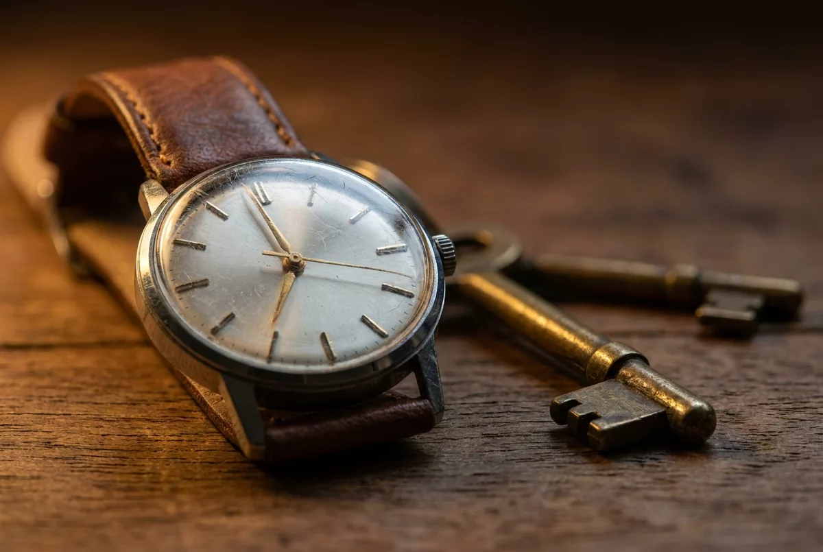 Armbanduhr und Schluessel auf einem Tisch bei Lampenlicht