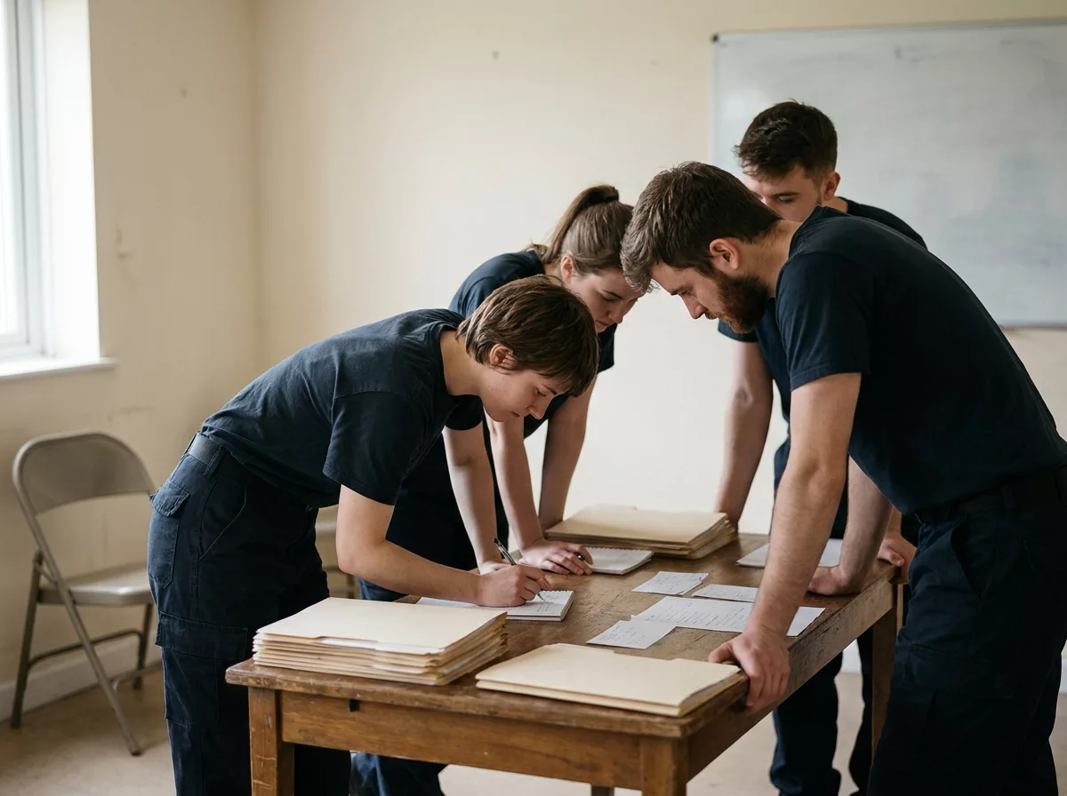 Junge Auszubildende arbeiten gemeinsam an einem Tisch im Schulungsraum