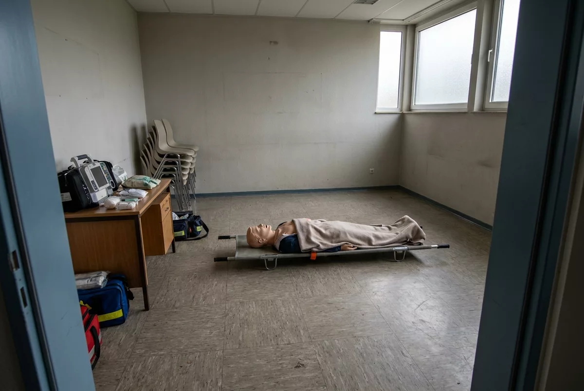 Leerer Ausbildungsraum einer Rettungsdienstschule mit Uebungspuppe