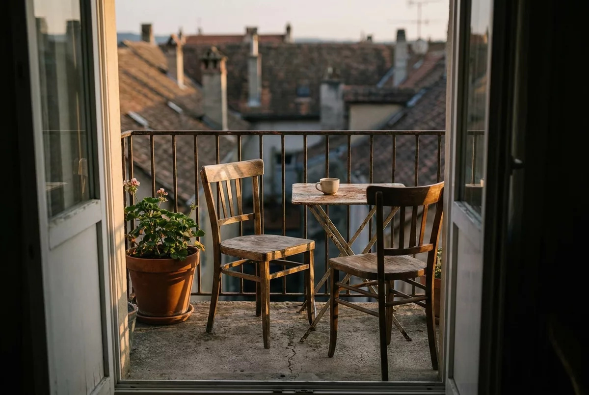 Balkon mit zwei leeren Stuehlen am spaeten Nachmittag