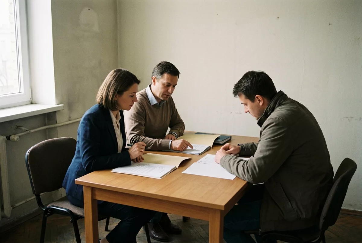 Bewerbungsgespraech am Tisch mit geoeffneter Mappe