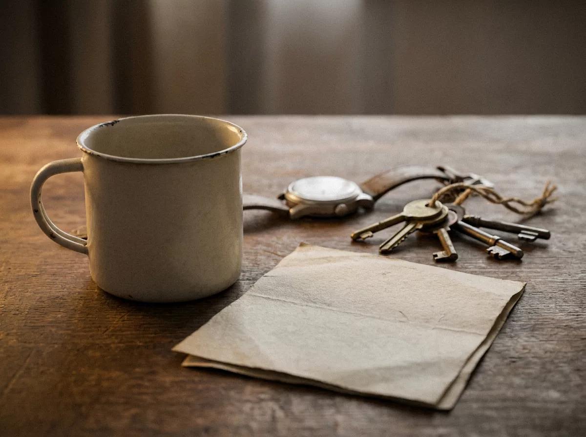 Tasse, Unterlagen, Uhr und Schluessel auf einem Tisch nach dem Schichtende