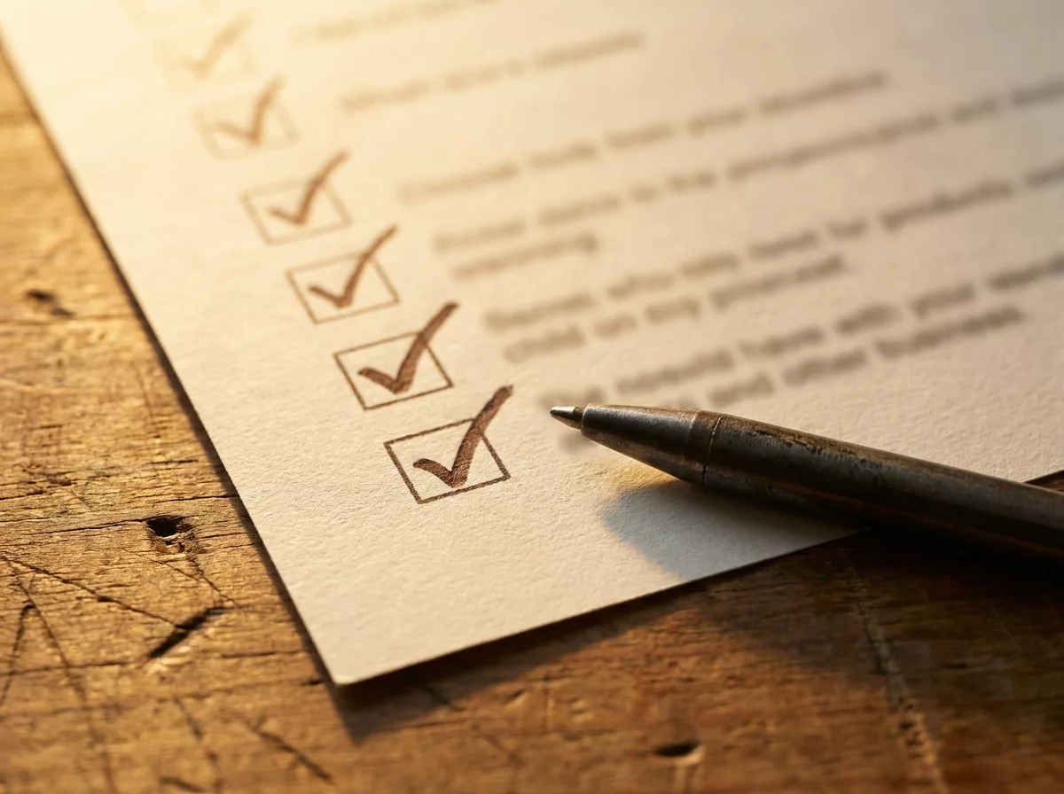 Nahaufnahme einer abgehakten Checkliste als Sinnbild fuer ein festes Verfahren