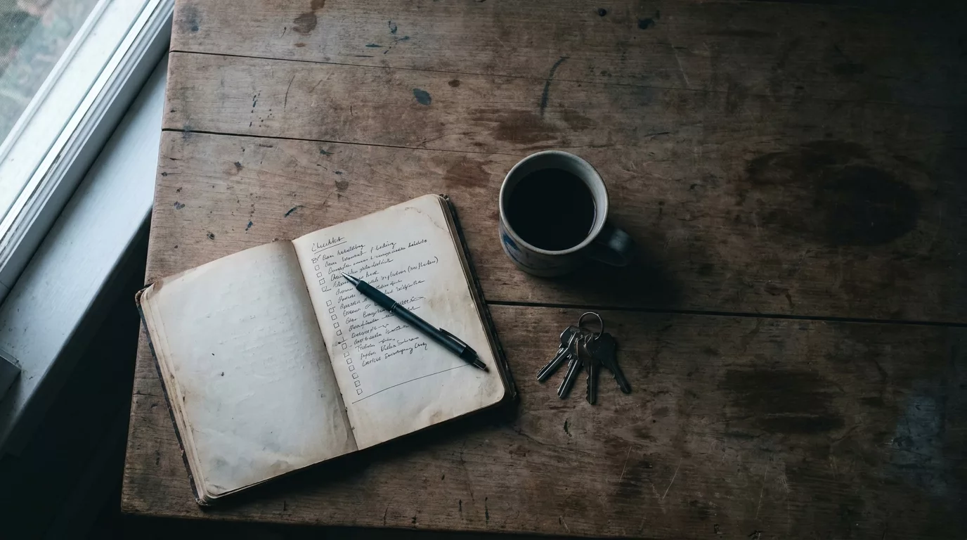 Notizbuch mit Checkliste und Kaffee im ersten Morgenlicht