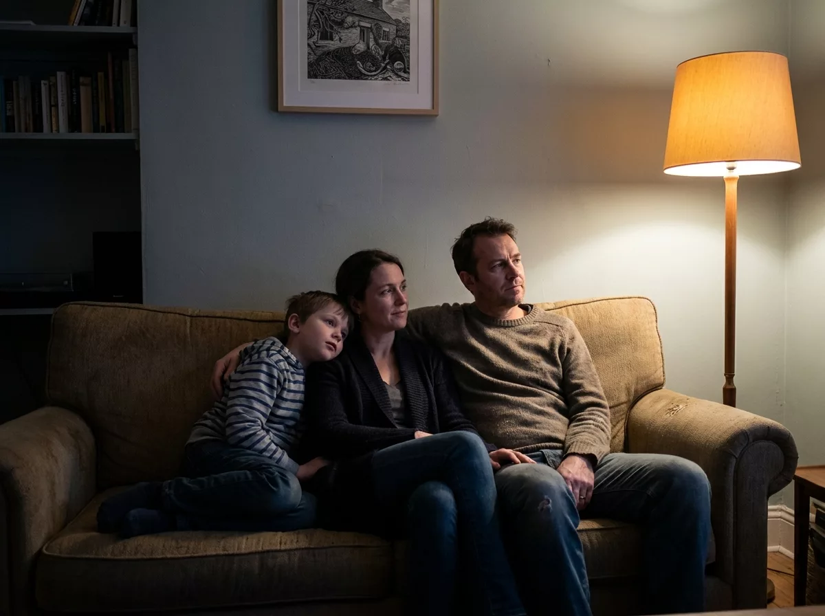 Familie sitzt abends gemeinsam auf dem Sofa im Wohnzimmer