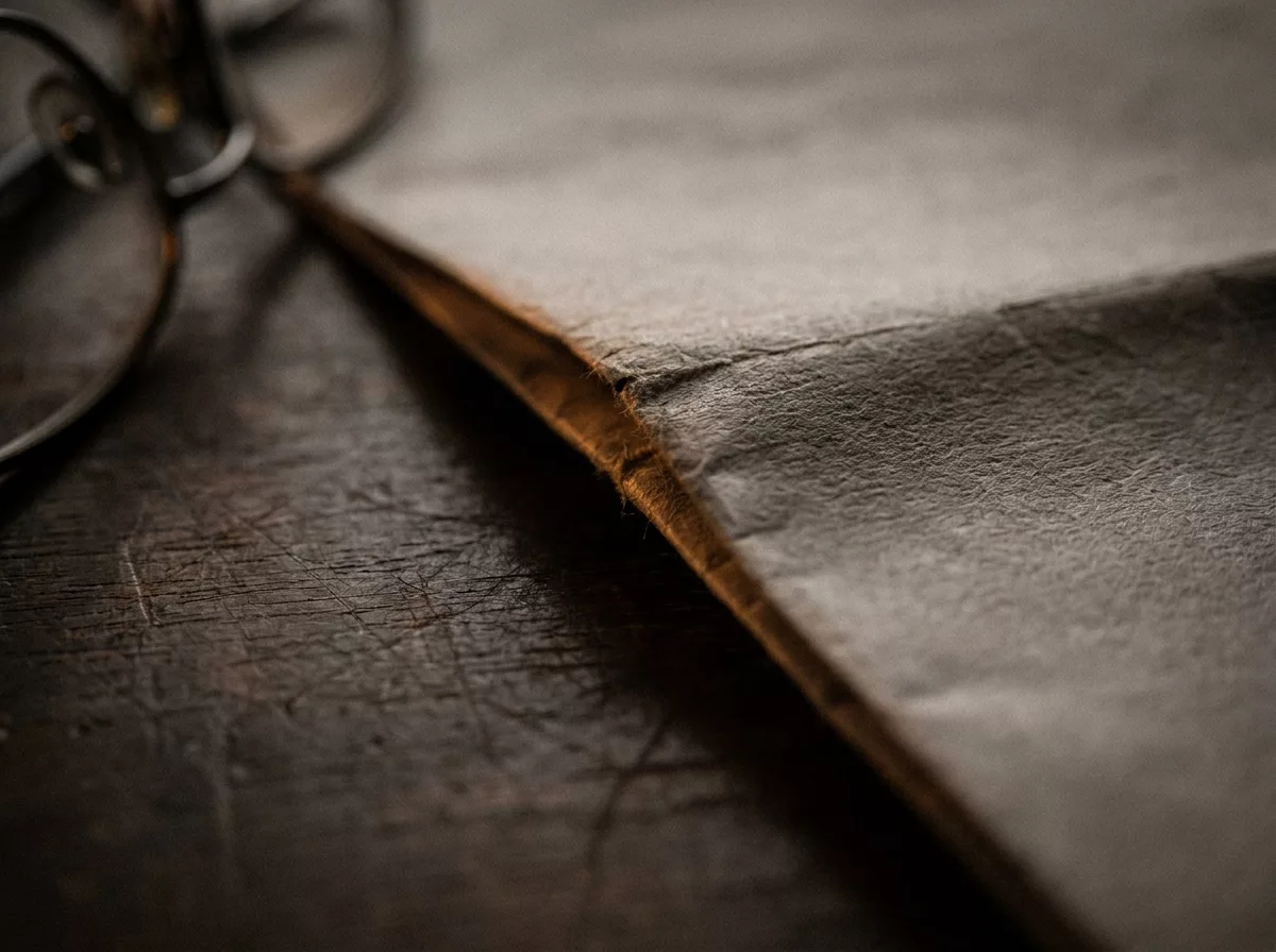 Gefalteter Brief mit Lesebrille im Lampenlicht auf dunklem Holz