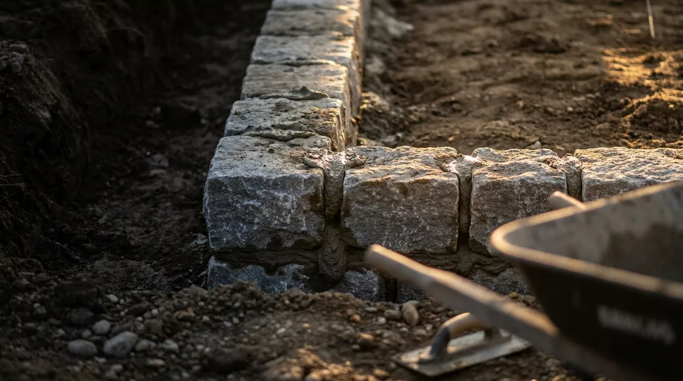 Erste Reihe gesetzter Steine eines Fundaments – Sinnbild für den Aufbau der Geldanlage