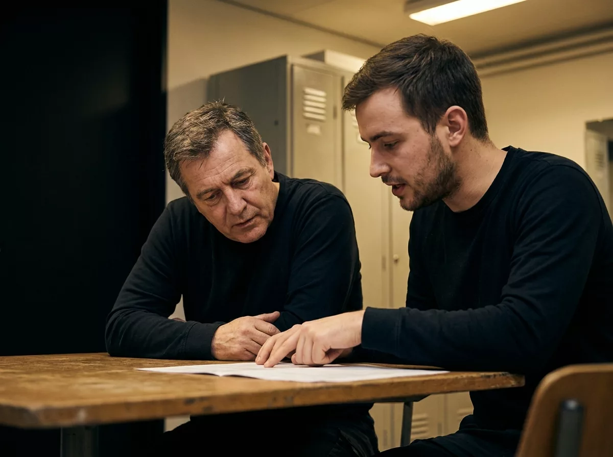 Zwei Kollegen am Tisch, einer erklärt die Geldanlage anhand von Unterlagen