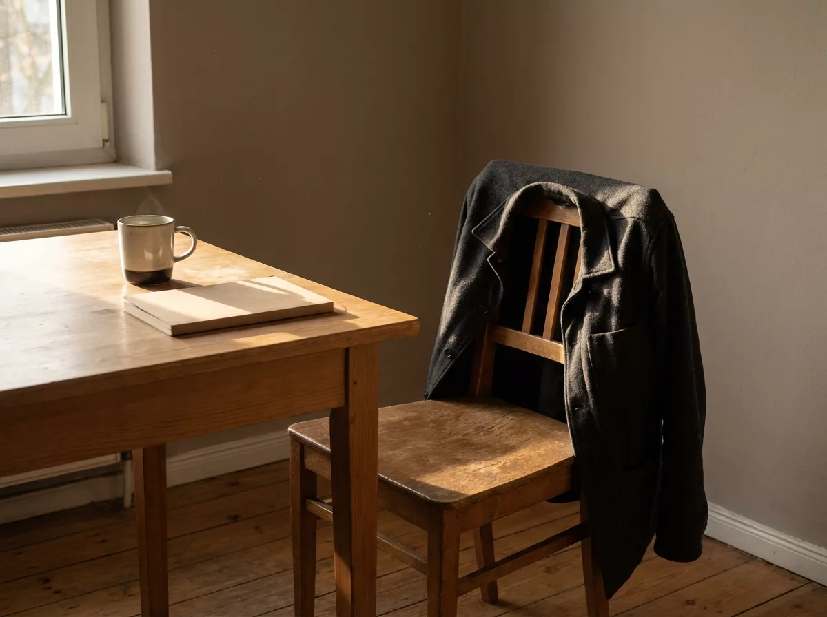 Arbeitsjacke haengt ueber einem Kuechenstuhl neben einer kalten Tasse Kaffee