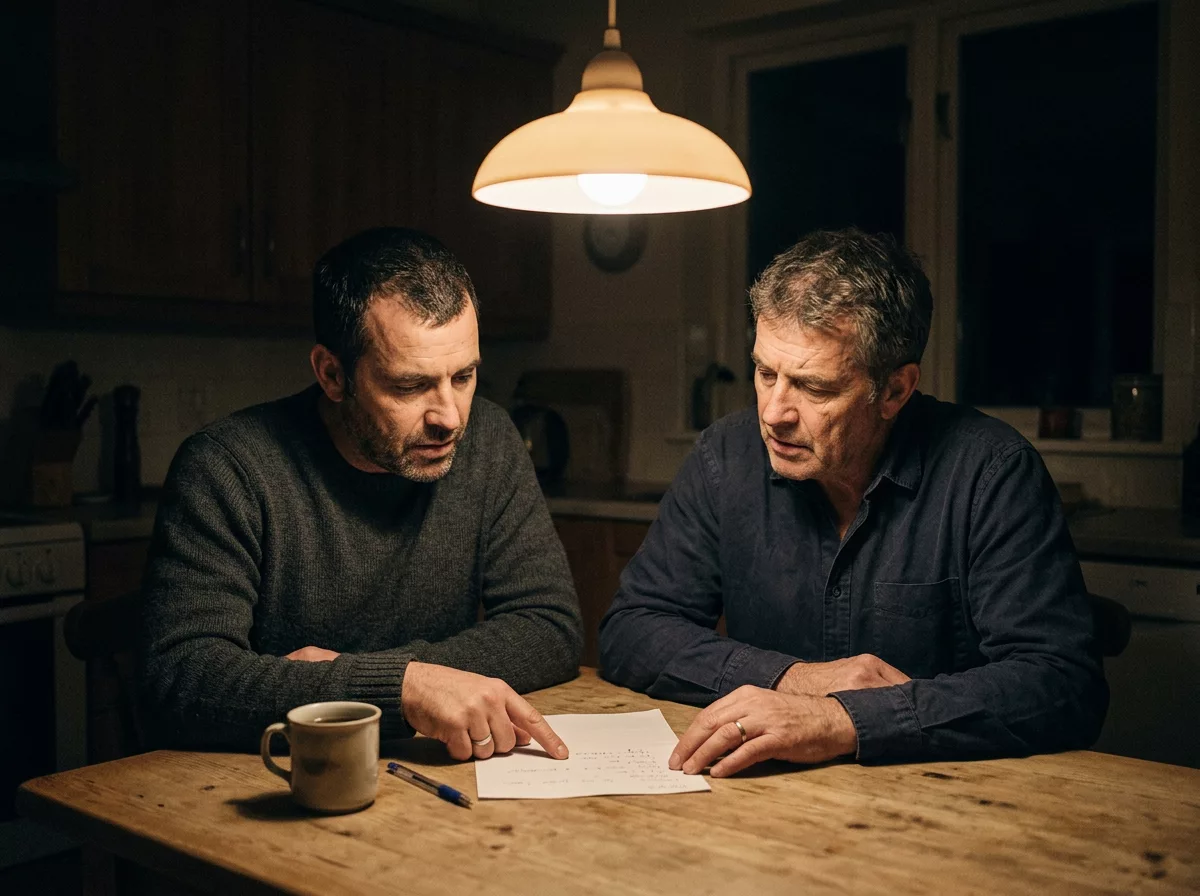 Zwei Kollegen besprechen abends am Tisch eine Anlagestrategie