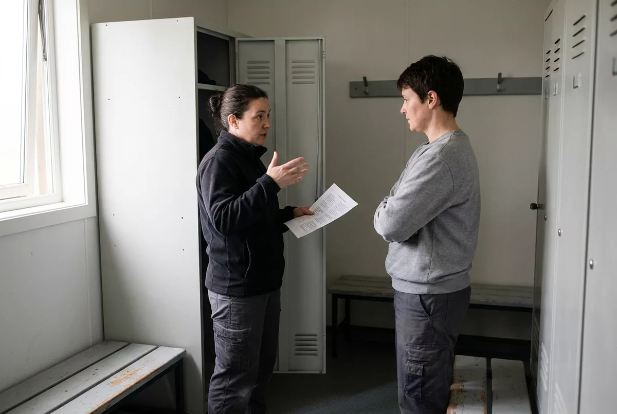 Zwei Kollegen im Umkleideraum im Gespraech