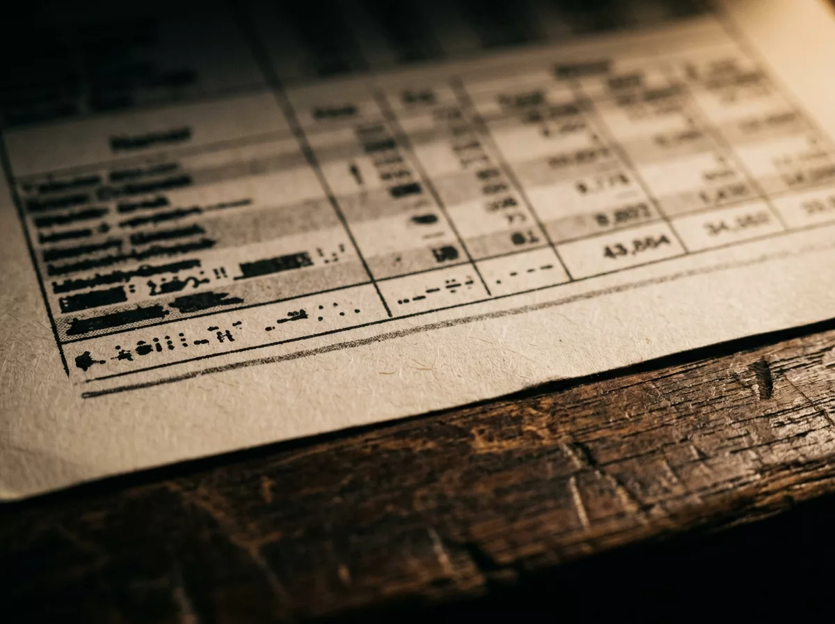 Makroaufnahme einer gedruckten Tabelle mit einer angestrichenen Zeile