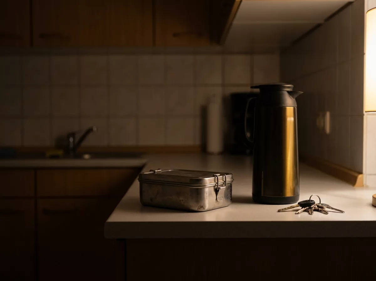 Küchenzeile nach der Schicht mit Thermoskanne und Schlüsseln