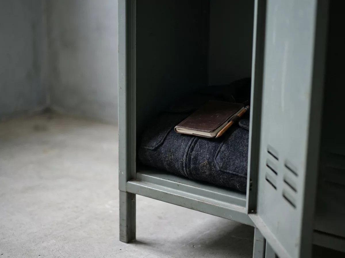 Notizbuch mit Bleistift liegt auf einer gefalteten Jacke in einem offenen Spind