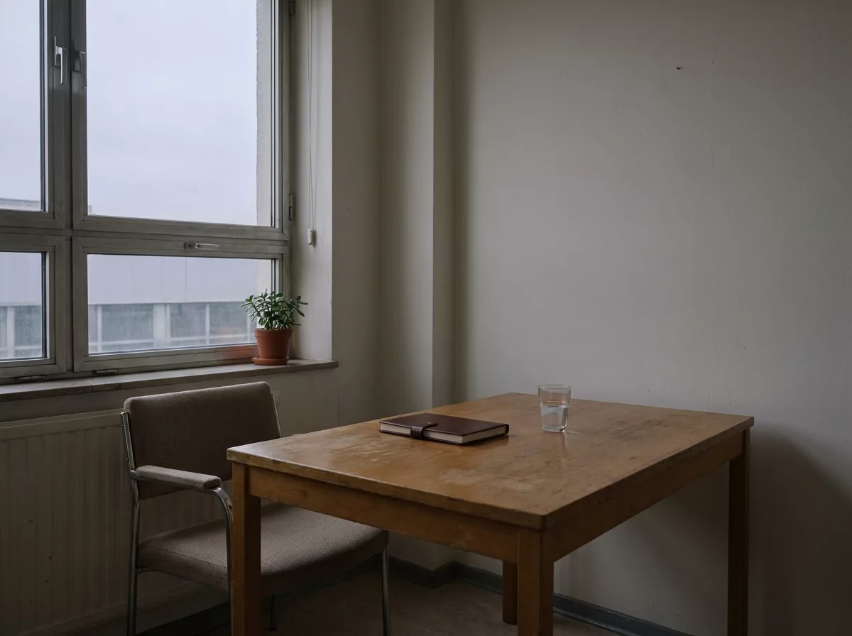 Ruhiger Platz am Fenster mit Tisch und Stuhl als Sinnbild fuer ein Gespraech in Ruhe
