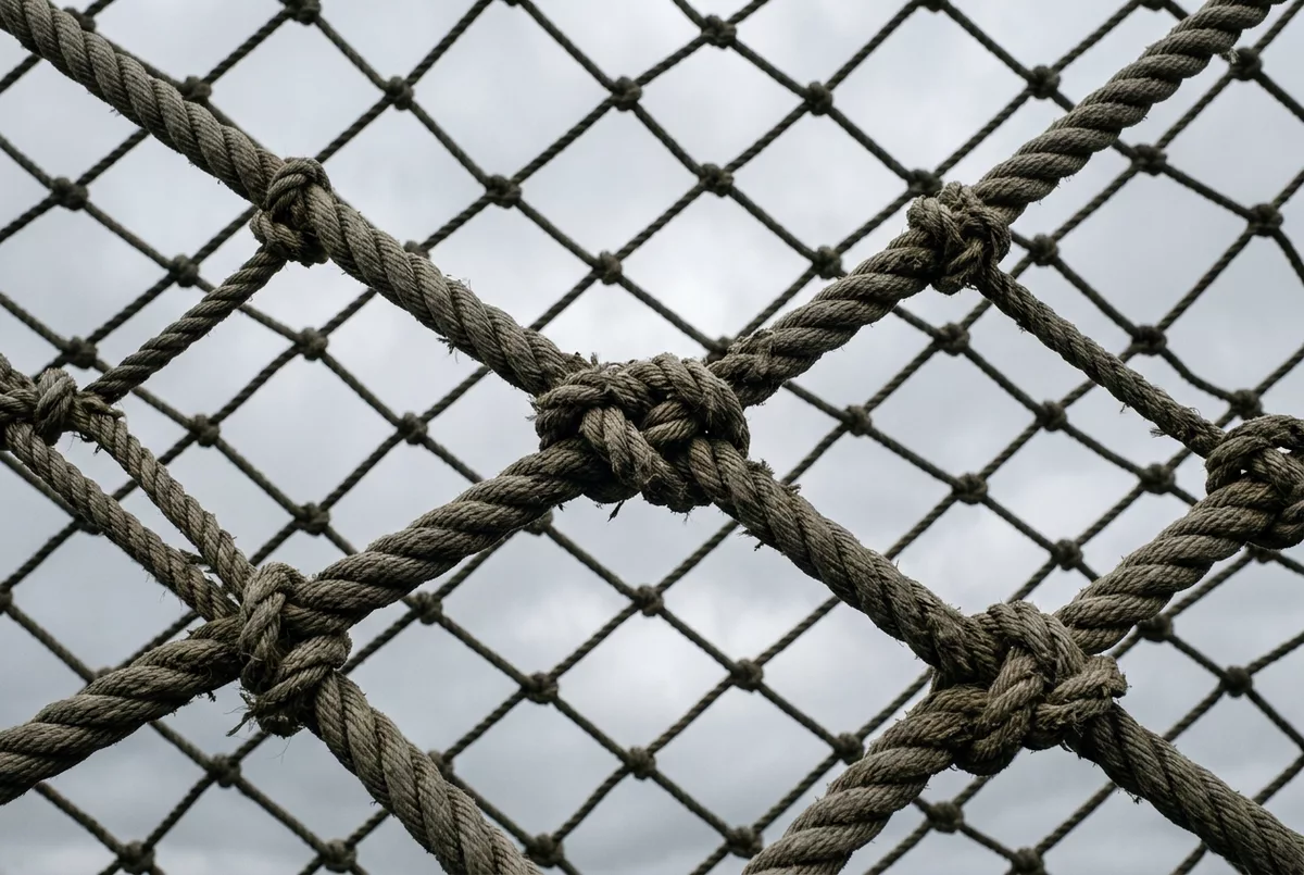 Gespanntes Sicherungsnetz aus geknotetem Seil von unten