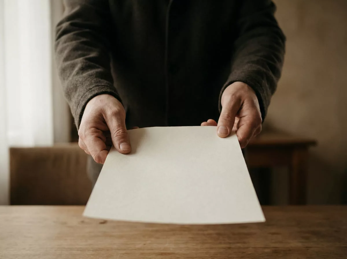 Haende halten ein Blatt Papier offen ueber den Tisch