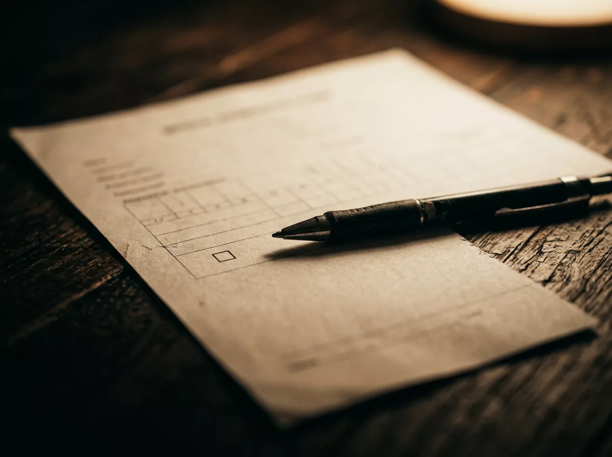 Makroaufnahme eines Untersuchungsbogens mit Stift im Lampenlicht