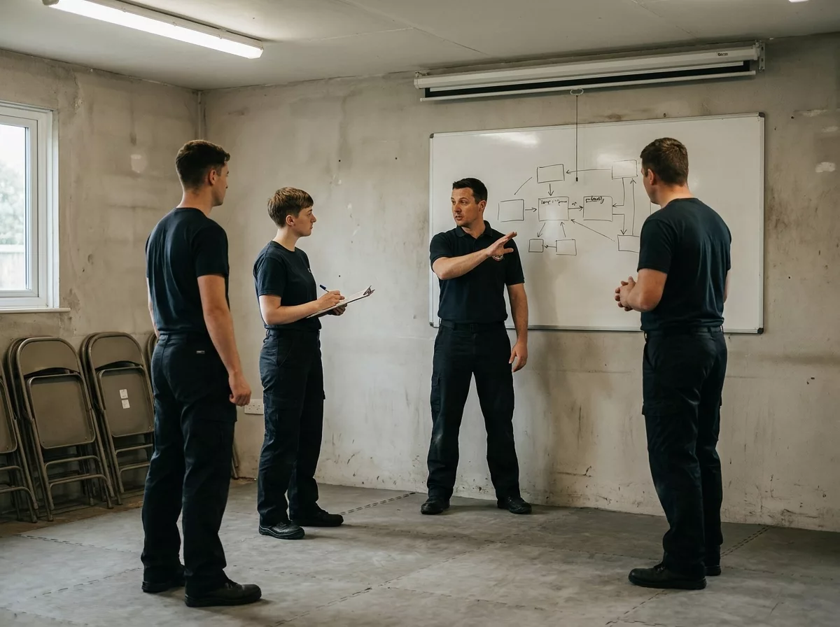 Drei Kollegen besprechen im Schulungsraum den Ablauf an einem Whiteboard