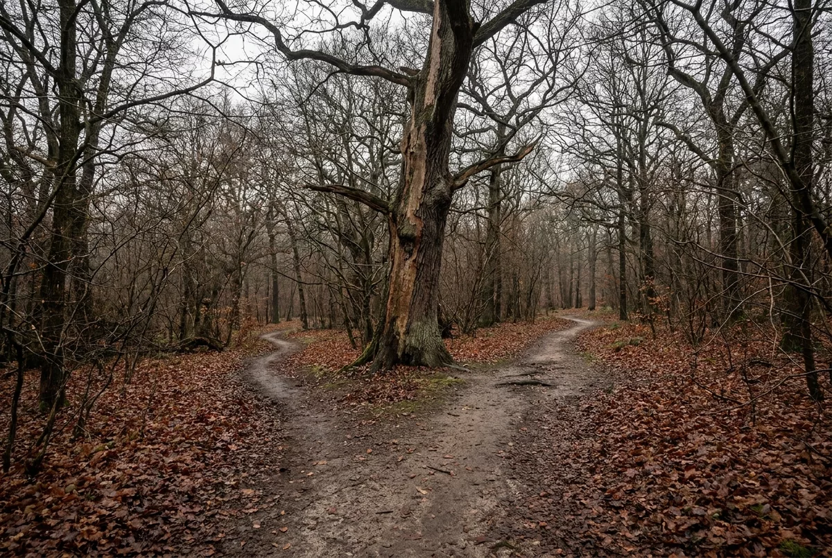 Waldweg der sich um einen Baum in zwei Pfade teilt