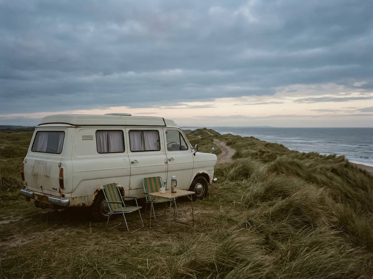 Altes Wohnmobil in den Duenen an der Nordsee als Sinnbild fuer einfache Verhaeltnisse
