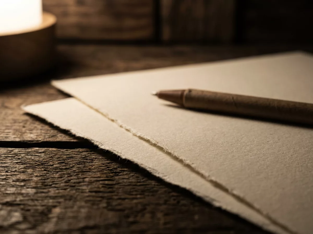 Zwei uebereinanderliegende Blaetter mit einem Stift auf dunklem Holz