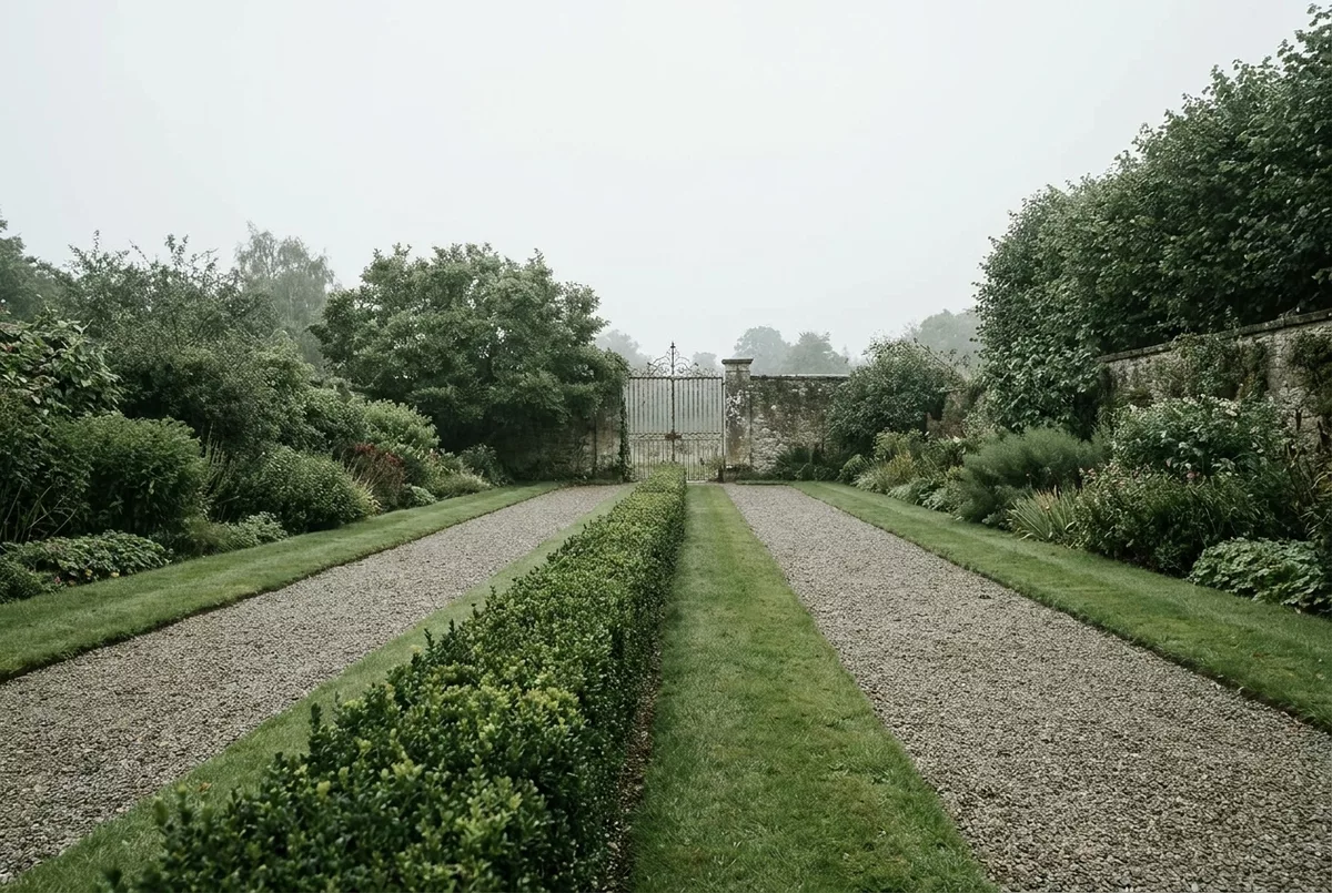 Zwei parallele Gartenwege zum selben Tor