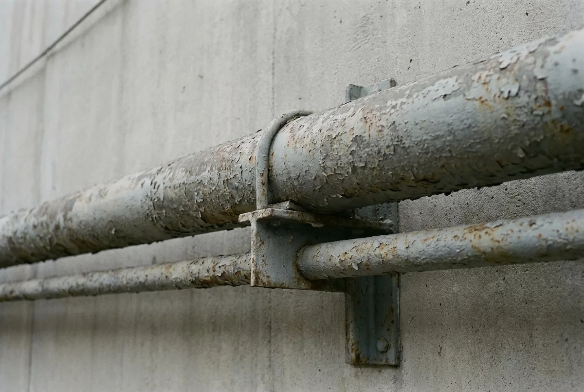 Zwei parallele Rohre unterschiedlicher Staerke an einer Betonwand