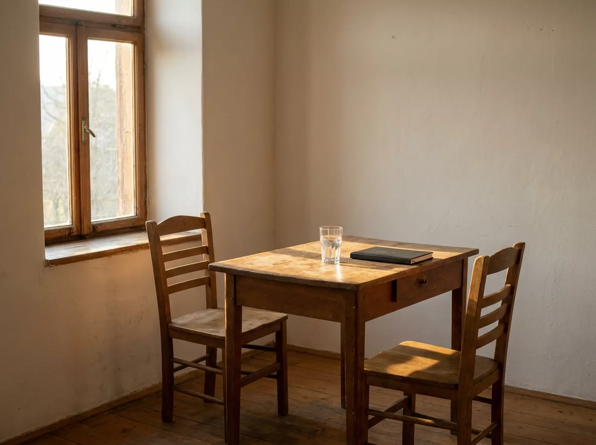 Zwei Stuehle an einem Tisch am Fenster als Einladung zum Gespraech